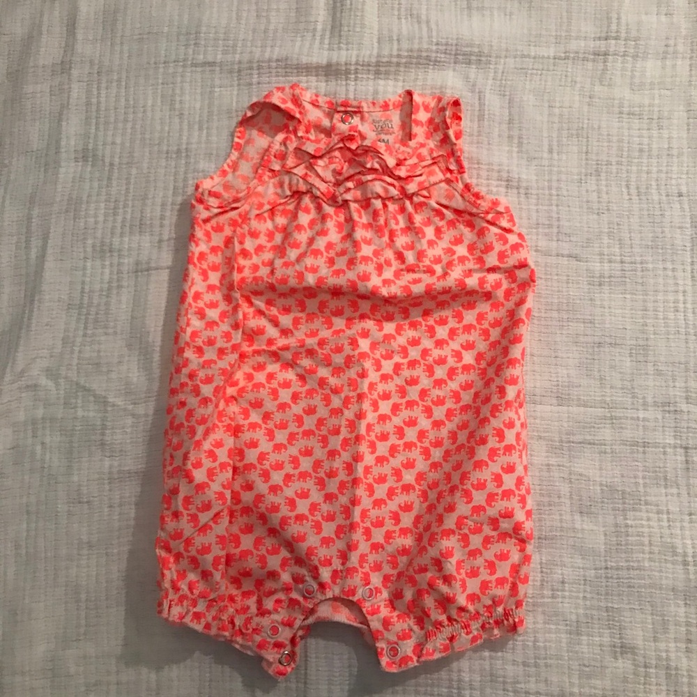 Neon orange/pink elephant pattern romper, 6m